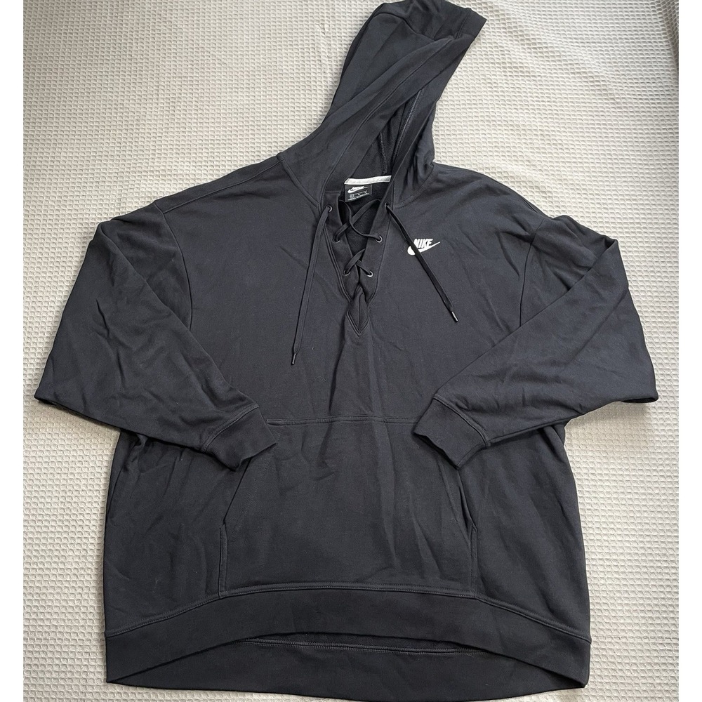Nike Sportswear Club Lace Up Hoodie Sweatshirt XL Womens Relaxed Black Terry